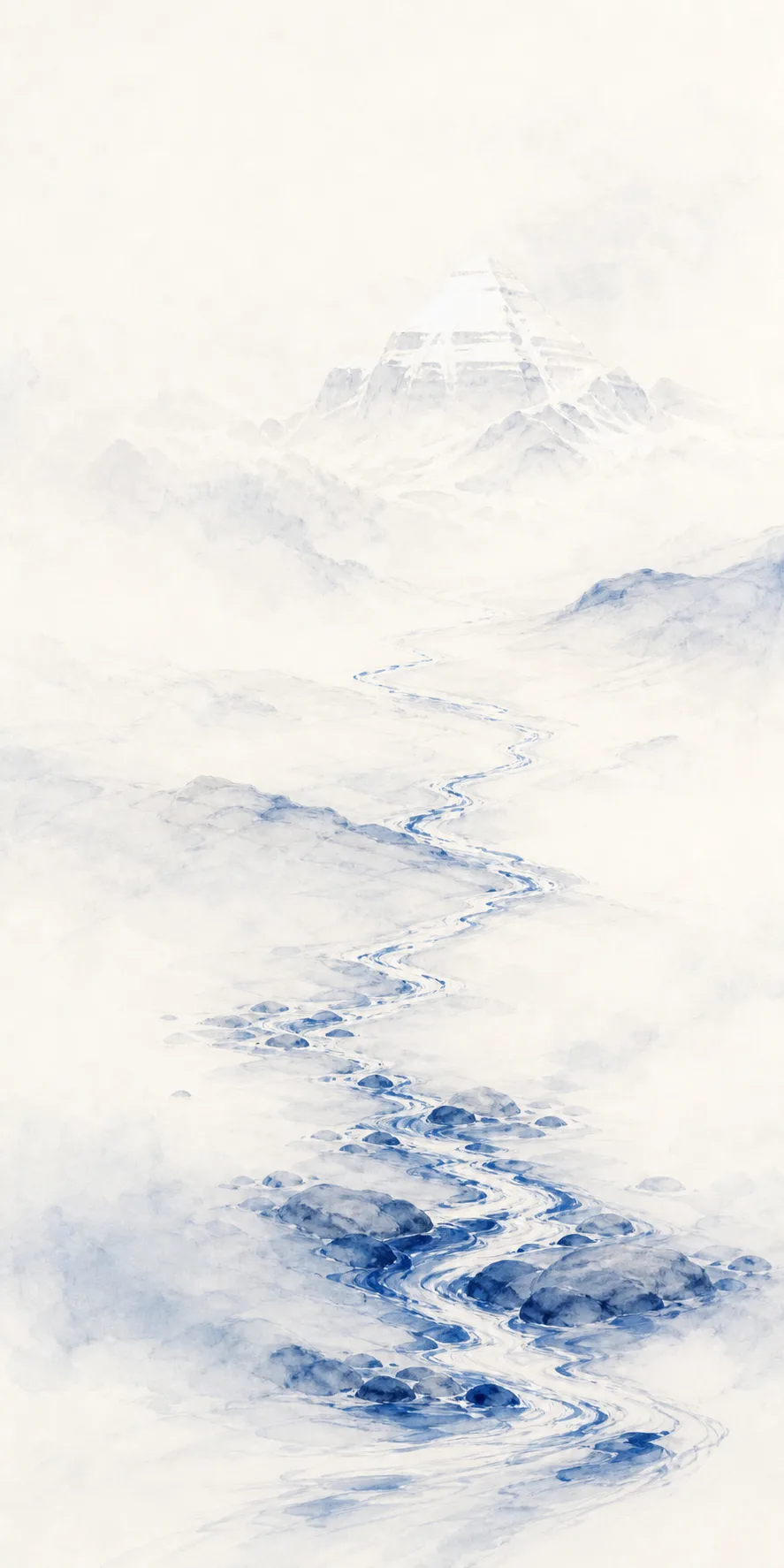 雪山源頭，一縷雪水蜿蜒成河的水墨意象